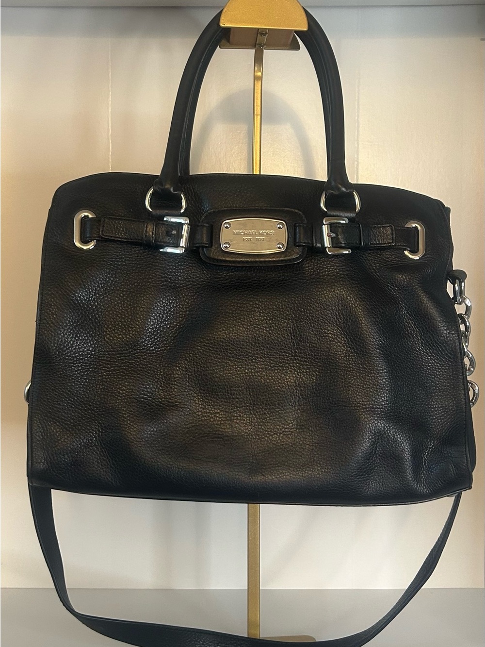 MICHAEL Michael Kors Black Pebbled Leather Shoulder Bag with Silver Hardware